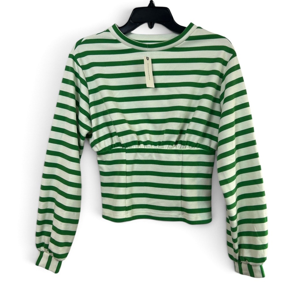 NWT Maeve Anthropologie Green Striped Corset Waist Top XS Long Sleeve Shirt Boho